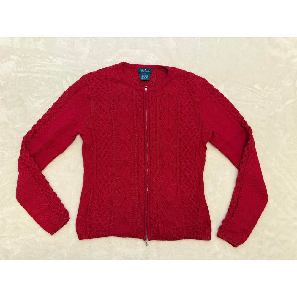 Faconnable Red Cable Knit Full Zip Cotton Cardigan Sweater Womens Small